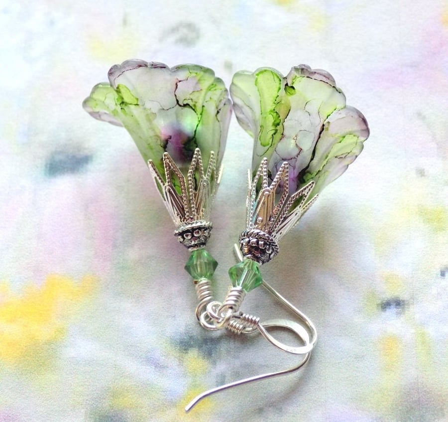 Green Hand Painted Lucite Lily Flower Earrings, Floral Boho Vintage Style Silver