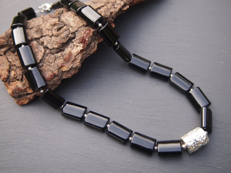 Black onyx and silver statement necklace