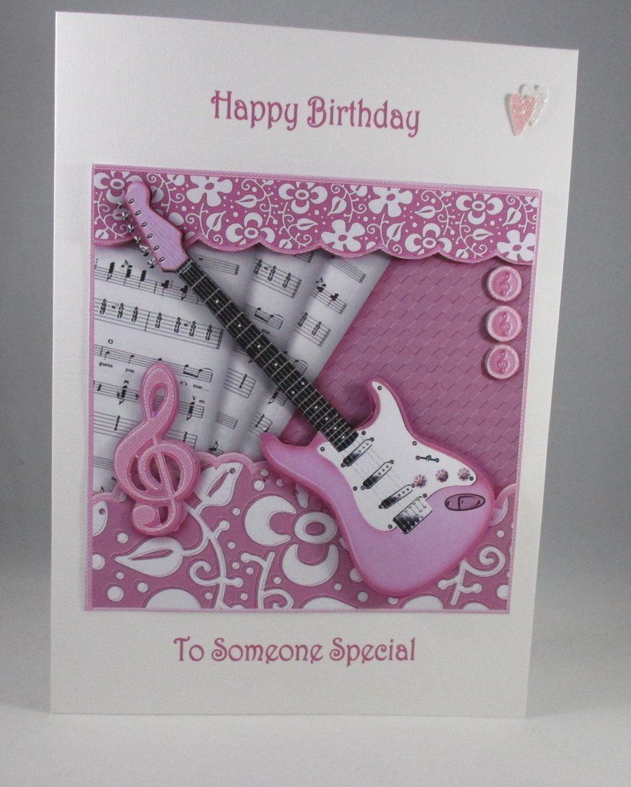 Pink Guitar Birthday Card, Handmade, 3D, Personalise