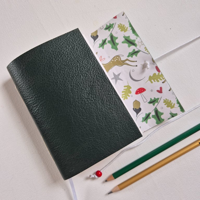 Christmas Journal or sketchbook, Deer and Dark Green Leather, A6 Summer Seconds