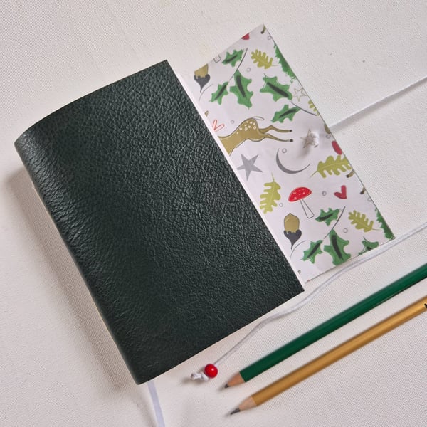 Christmas Journal or sketchbook, Deer and Dark Green Leather, A6 Summer Seconds