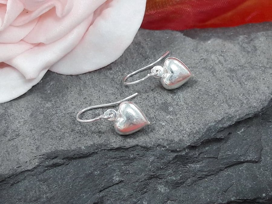 SALE 50% OFF Sterling Silver puff heart dangle earrings