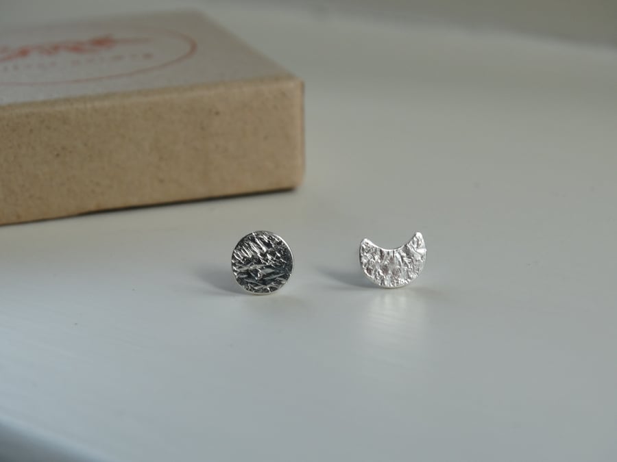Full and crescent moon mismatched stud earrings in recycled silver
