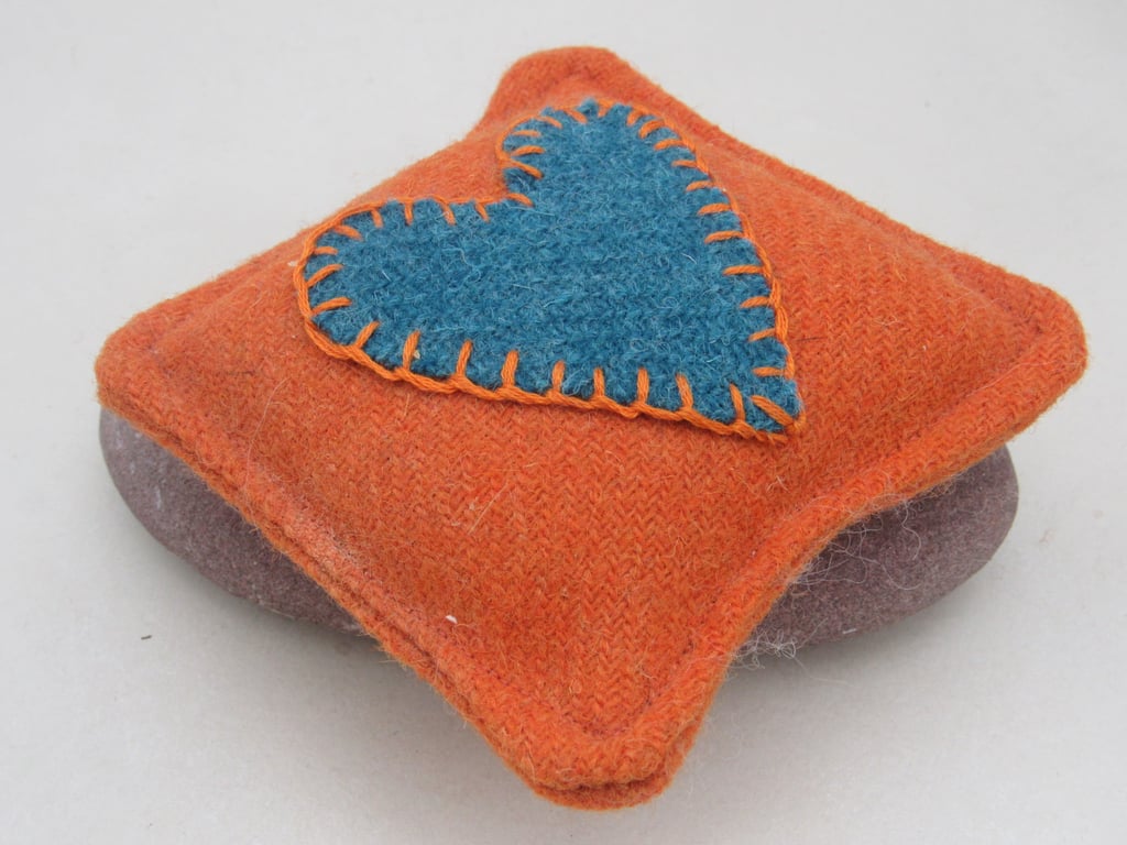 Harris Tweed Blue Heart Orange Wool Square Pin Cushion