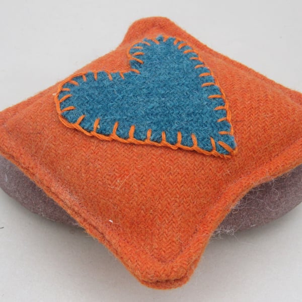 Harris Tweed Blue Heart Orange Wool Square Pin Cushion