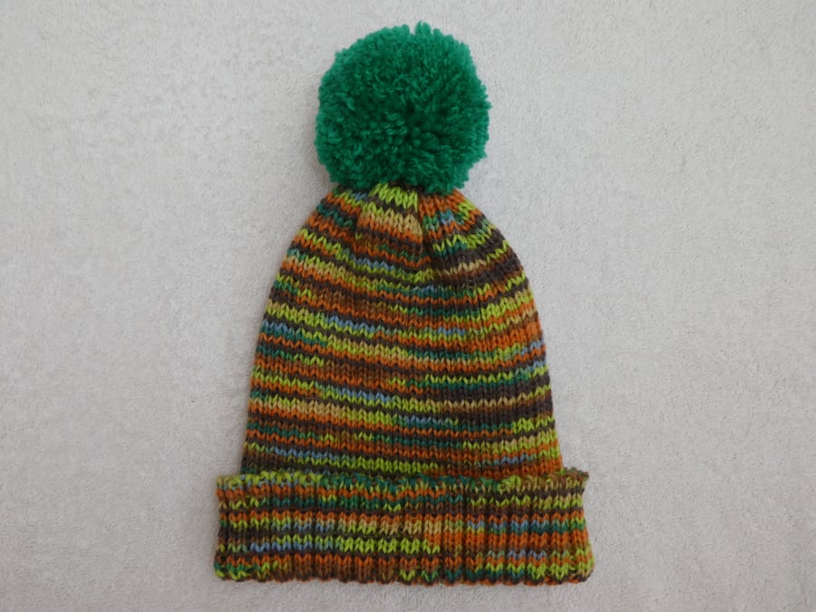 Ribbed Bobble Hat in Orange Brown and Green 4 ply yarn with Large Pompom. 