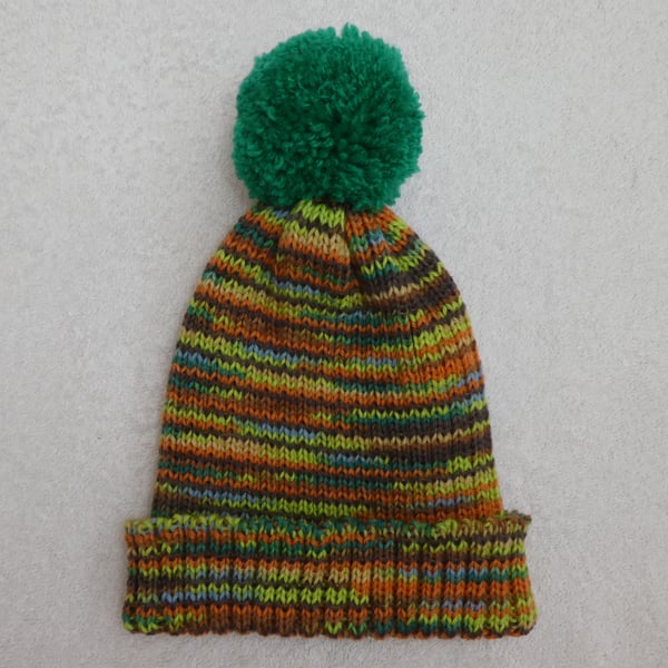 Ribbed Bobble Hat in Orange Brown and Green 4 ply yarn with Large Pompom. 