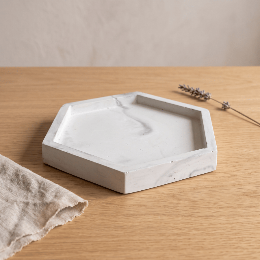 White Hexagonal Jewellery Tray with Soft Grey Marbling, Handmade Trinket Dish