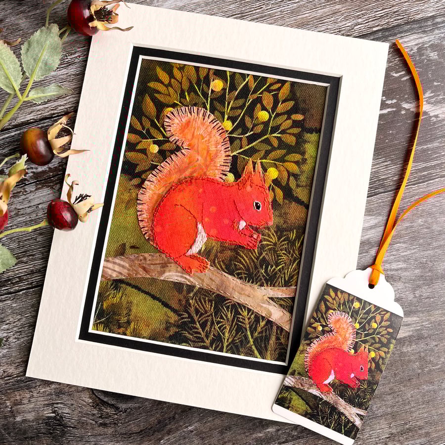 SALE: Red squirrel textile art, fabric squirrel picture, squirrel lover