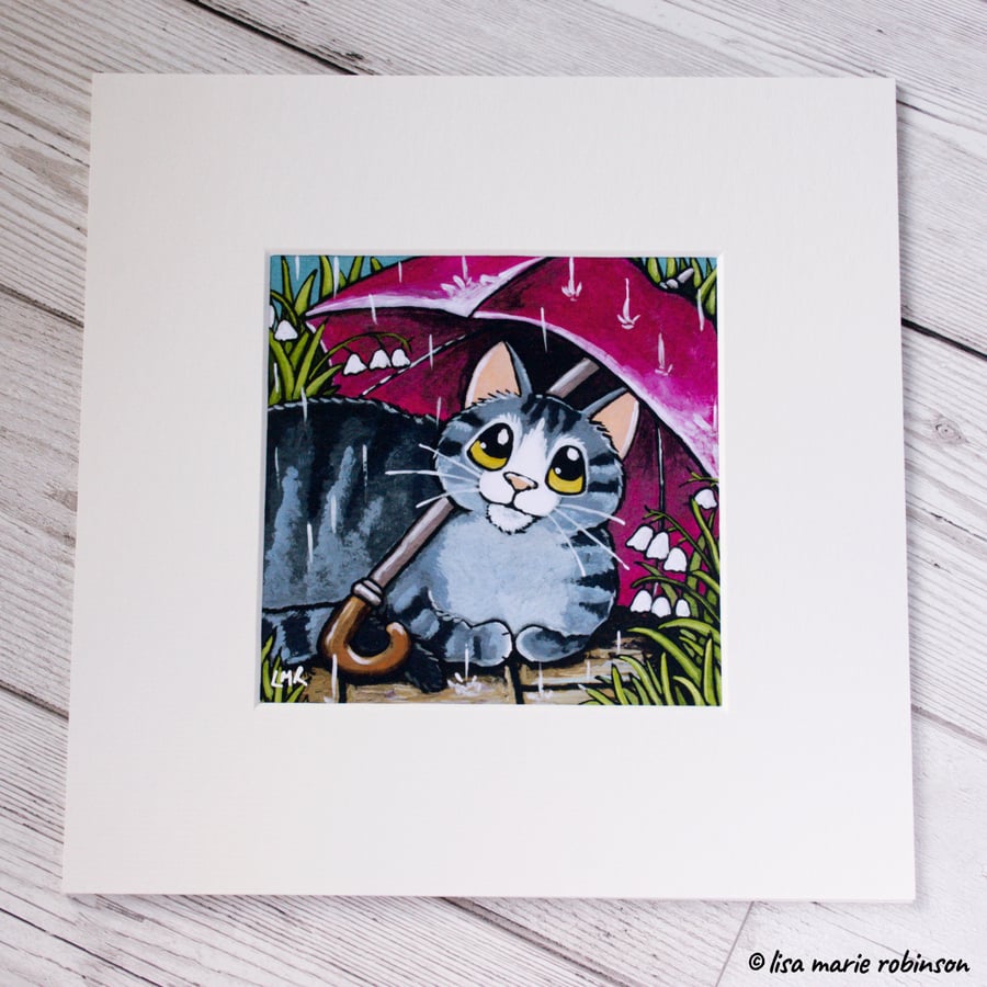 April Showers Cat in the Rain Mounted Print