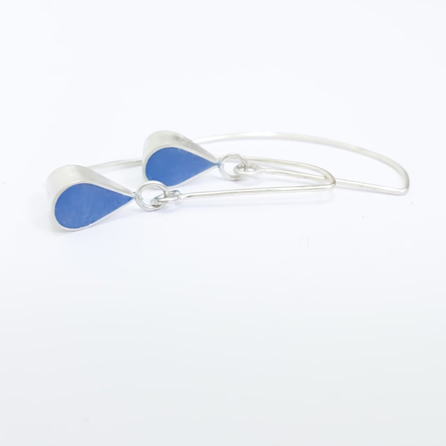 Blue Colour Drop Sterling Silver Earrings, Minimalist Everyday Jewellery