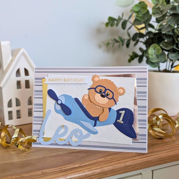 Teddy Bear Pilot Personalised Card - Welcome Baby or Baby's First Birthday