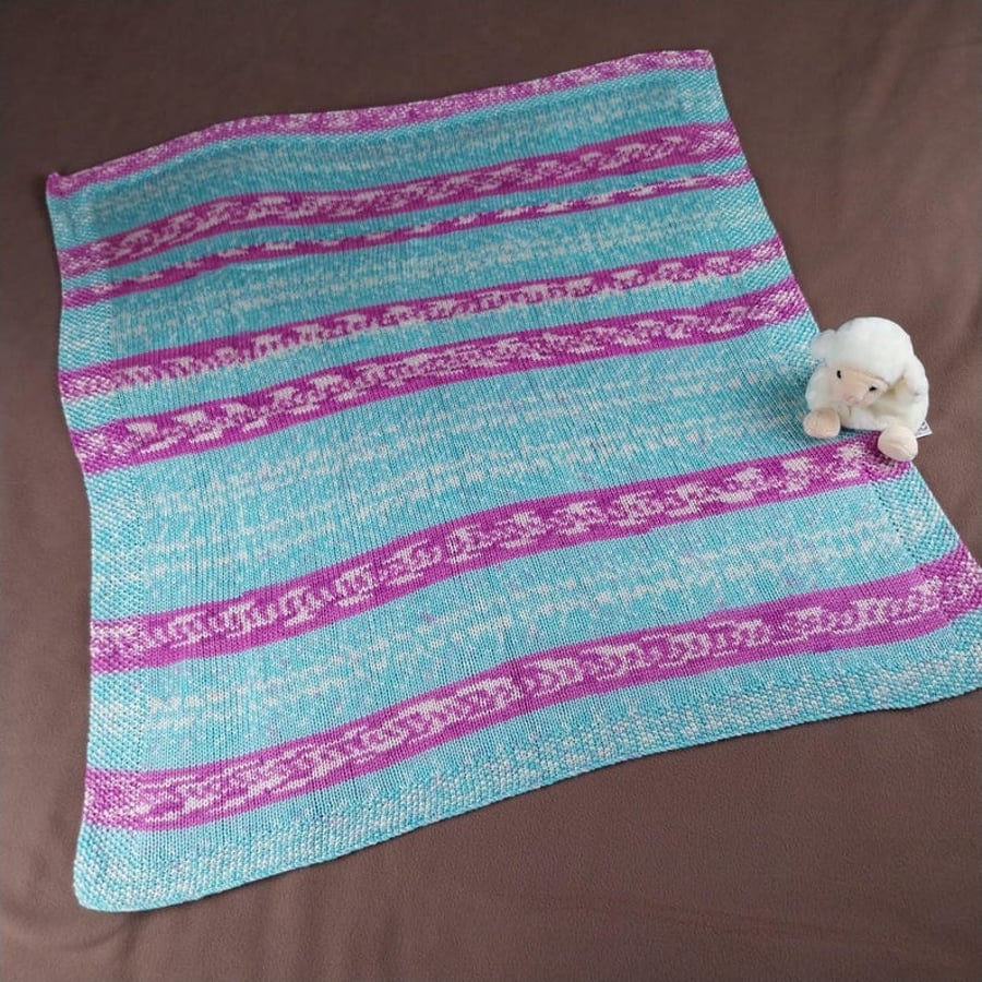 Hand Knitted Baby Blanket - Pink and Turquoise Fair Isle Pram Blanket