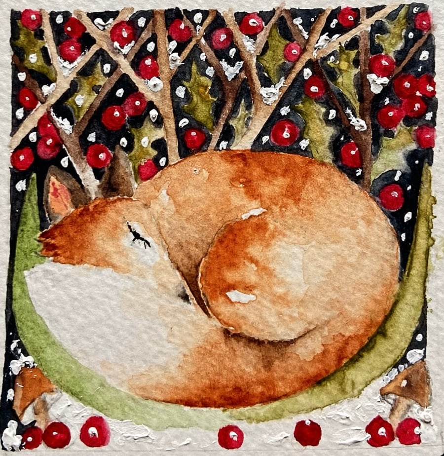  Original Watercolour Winter Christmas Sleeping Fox
