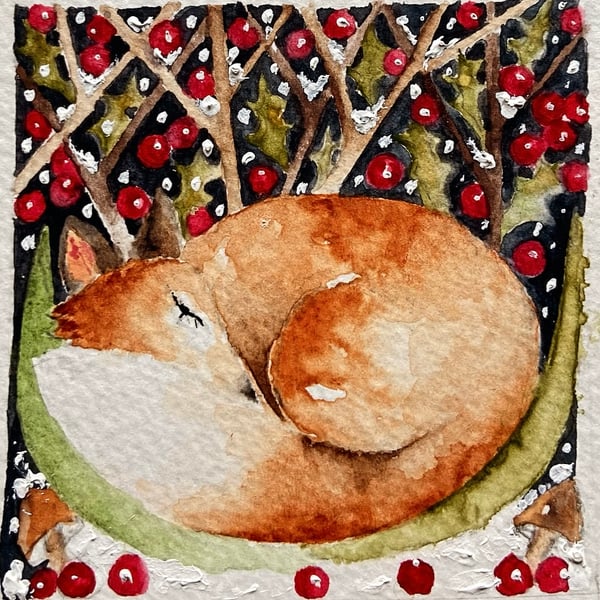  Original Watercolour Winter Christmas Sleeping Fox