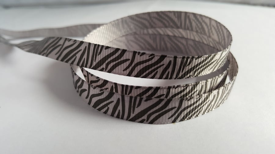 3m Printed Ribbon - Grosgrain - 9mm - Zebra Print - Grey 