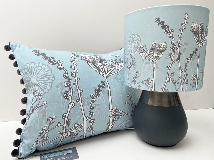 Handmade 20cm Drum Lampshade made from bespoke Cow Parsley fabric in blue