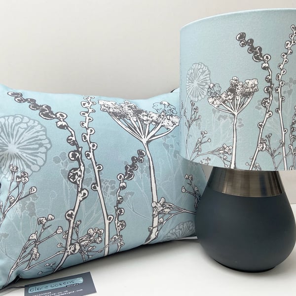 Handmade 20cm Drum Lampshade made from bespoke Cow Parsley fabric in blue