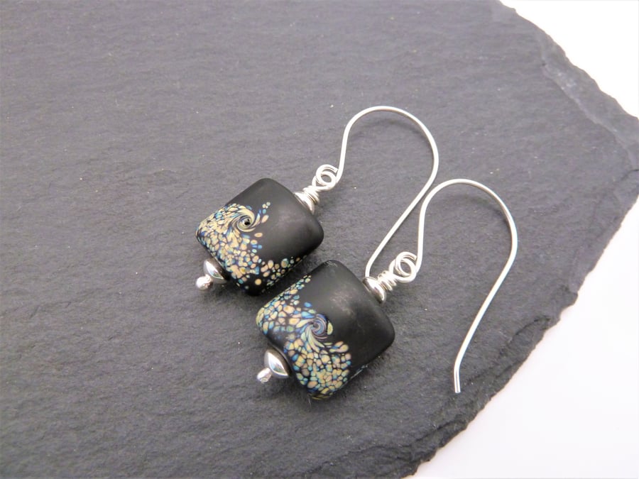 sterling silver earrings, black lampwork glass