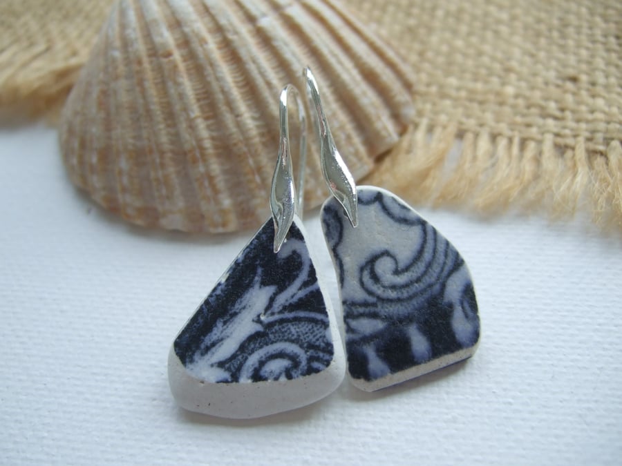 Scottish sea pottery blue jewellery, Swirl Wave pattern sterling silver pottery