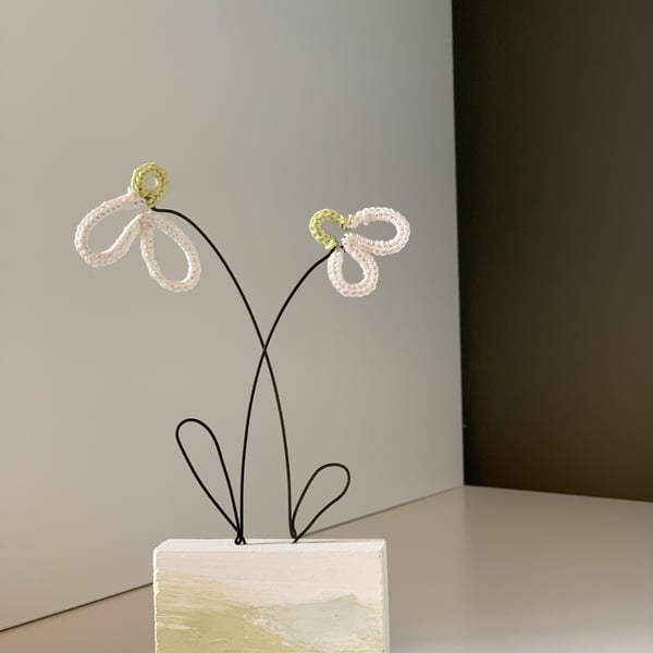 Wire and Crochet Double Snowdrop - White base with Green