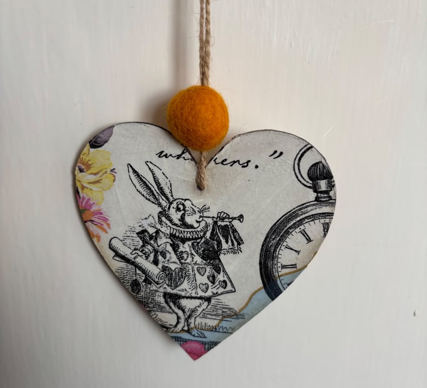 Alice in Wonderland and the Mad March Hare hanging decoupaged hearts