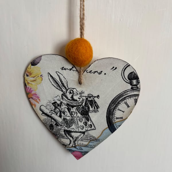 Alice in Wonderland and the Mad March Hare hanging decoupaged hearts