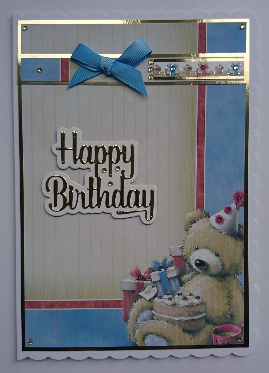 Happy Birthday Card Boy Teddy Bear Round Cake Coffee Presents 3D Luxury Handmade