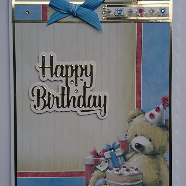 Happy Birthday Card Boy Teddy Bear Round Cake Coffee Presents 3D Luxury Handmade