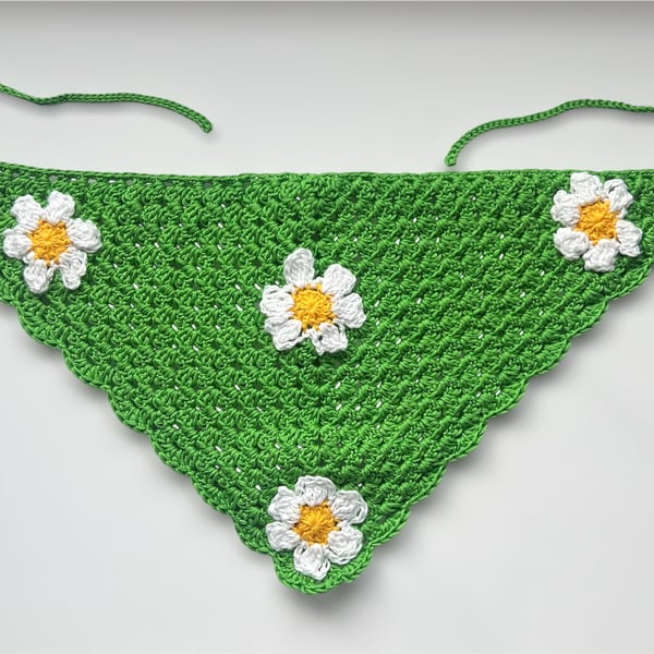 Handmade Green Crochet Hair Bandana with Hand-Sewn White Daisies