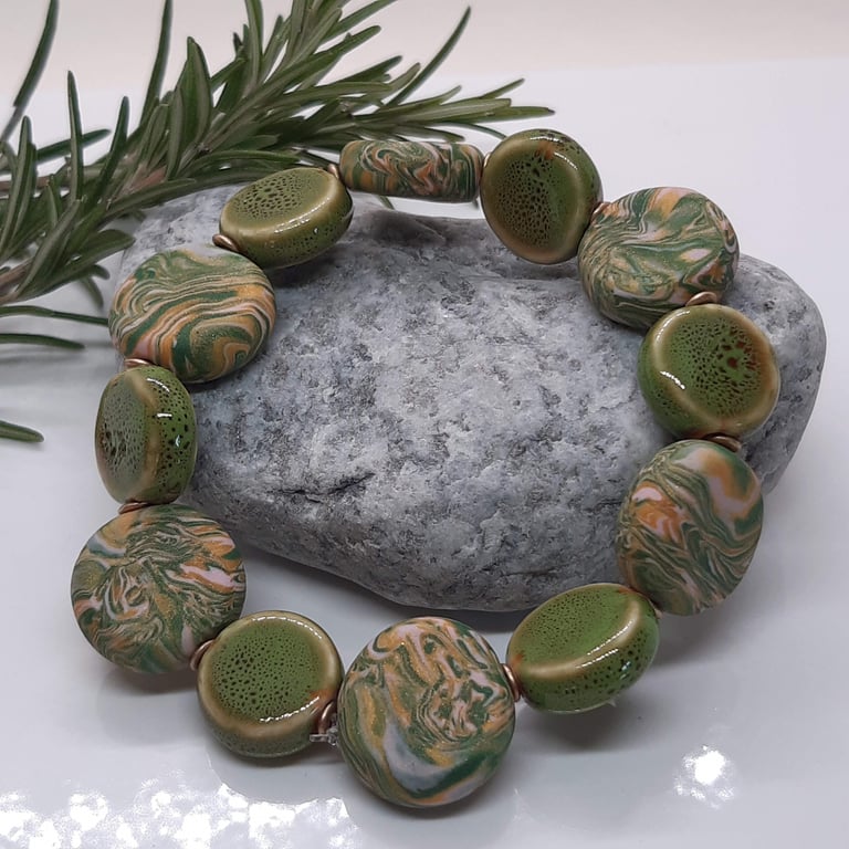 Handmade Polymer Clay & Ceramic Disc Bracelet