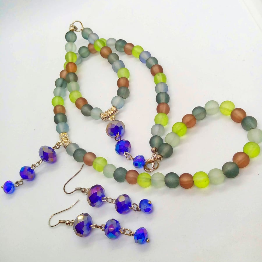 Jewellery Set With Multi Coloured Glass Beads and Blue Crystals, Christmas Gift