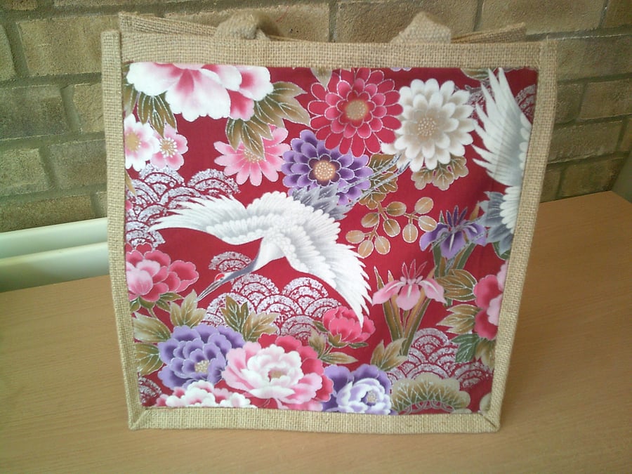 Cranes and Flowers Medium Jute Bag