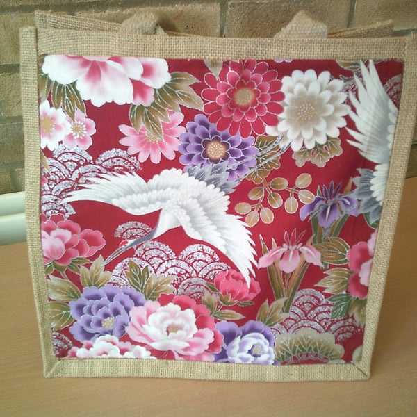 Cranes and Flowers Medium Jute Bag