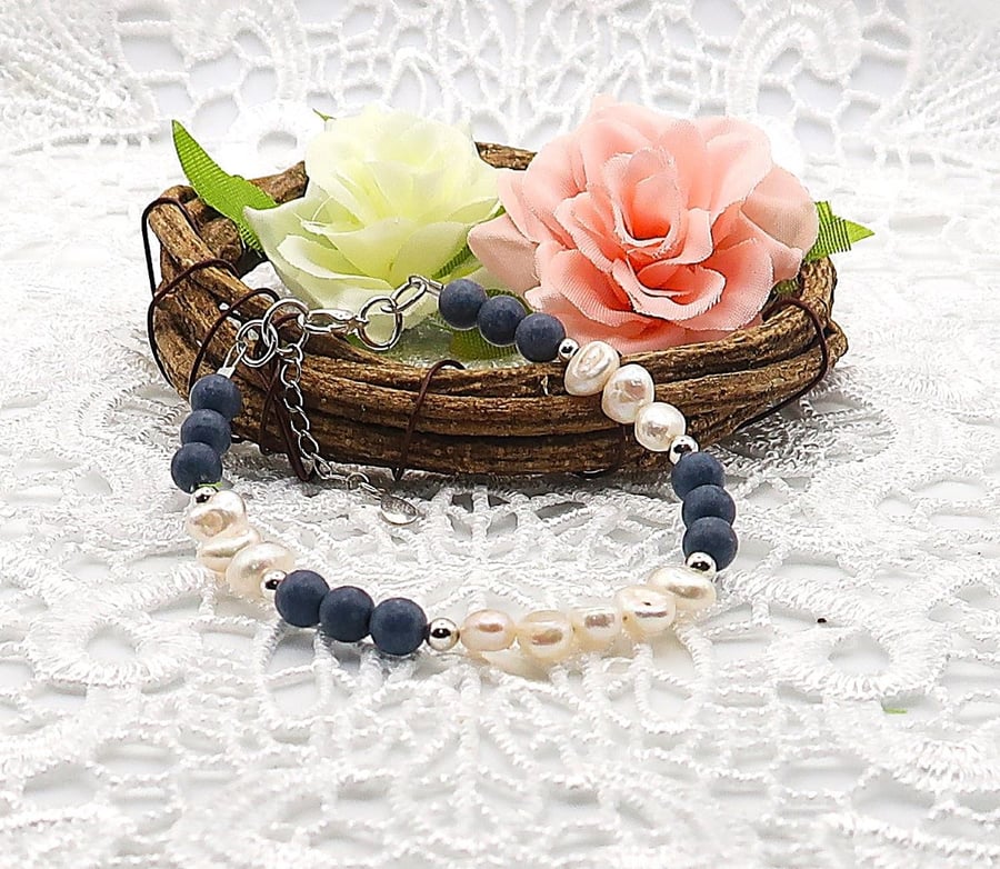 Sterling Silver Genuine Sponge Coral and Freshwater Pearl Bracelet.