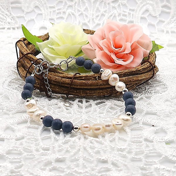 Sterling Silver Genuine Sponge Coral and Freshwater Pearl Bracelet.