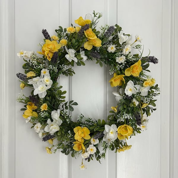 Spring Daffodil Wreath for Front Door with Narcissi and Lavender