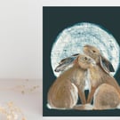 Blank card -  Moon Lit Hares art card - anniversay birthday valentine