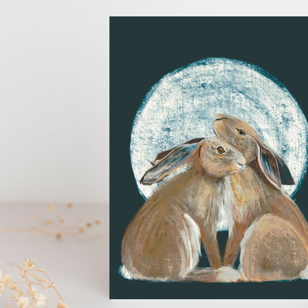 Blank card -  Moon Lit Hares art card - anniversay birthday valentine