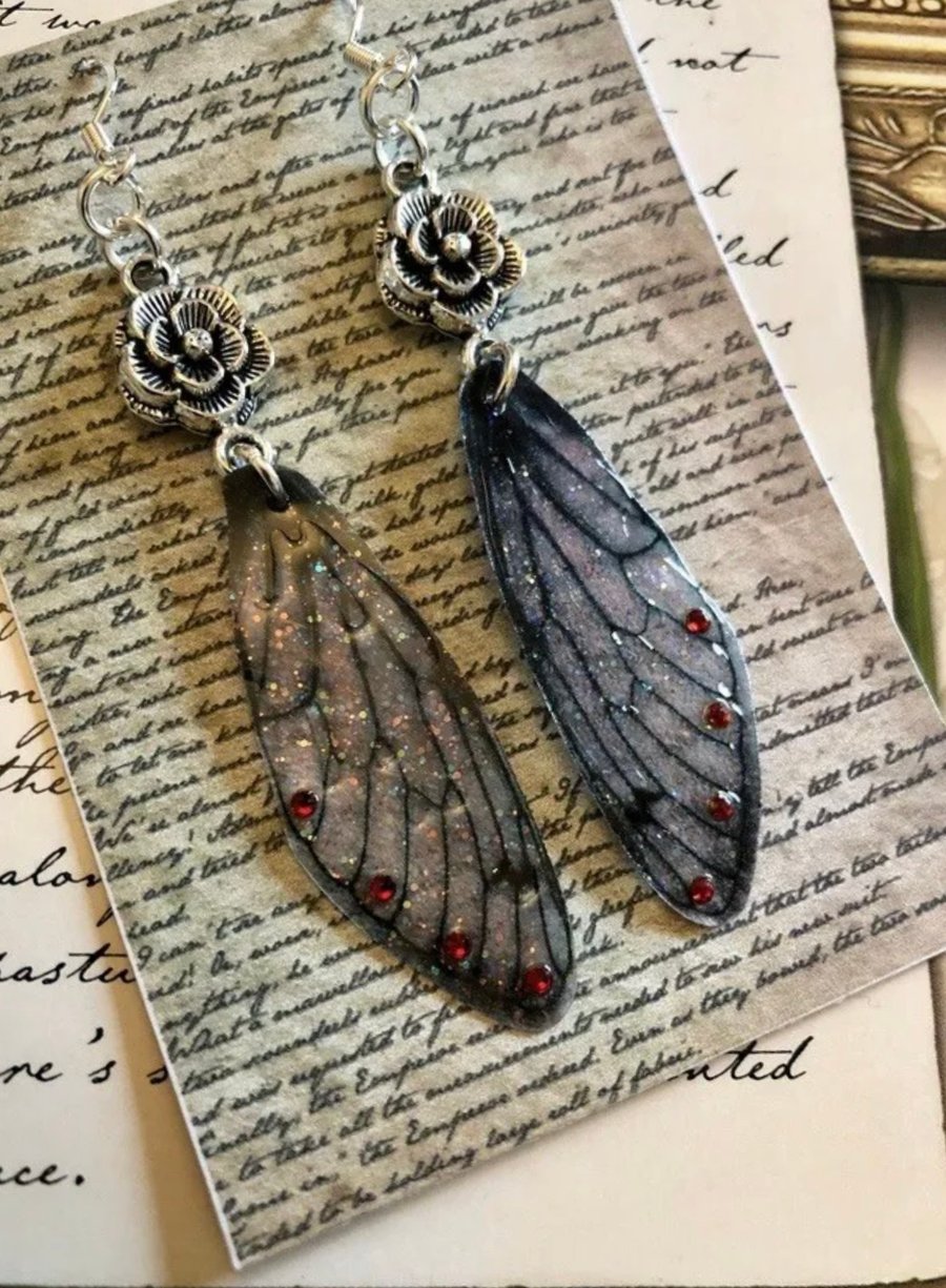 Gothic Red Swarovski Dark Fairy Wing Rose Sterling Silver Earrings