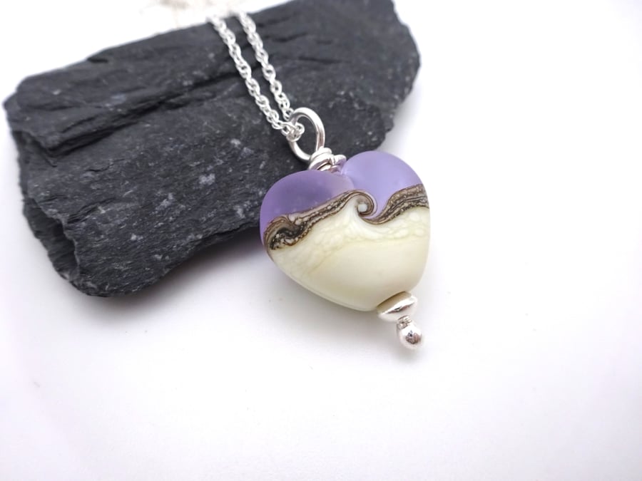 lampwork glass lilac frosted heart pendant, sterling silver chain