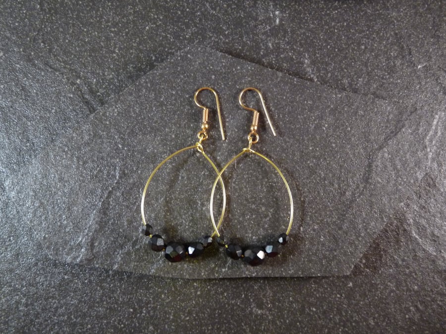 Large Hoop Earrings - Haematite Faceted Glass - 40mm - Gold Colour