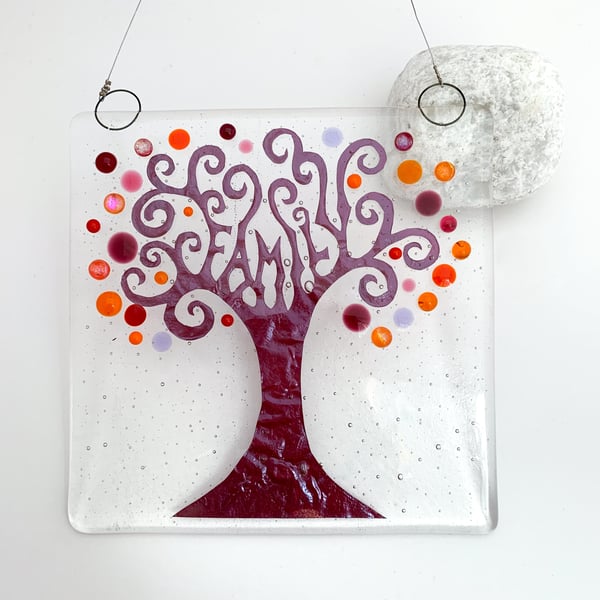 Fused Glass Autumn "Family" Tree Hanging - Handmade Glass Suncatcher