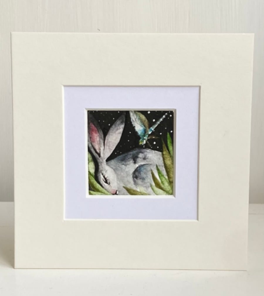 Mounted Original Hare Rabbit with Dragonflie Watercolour 