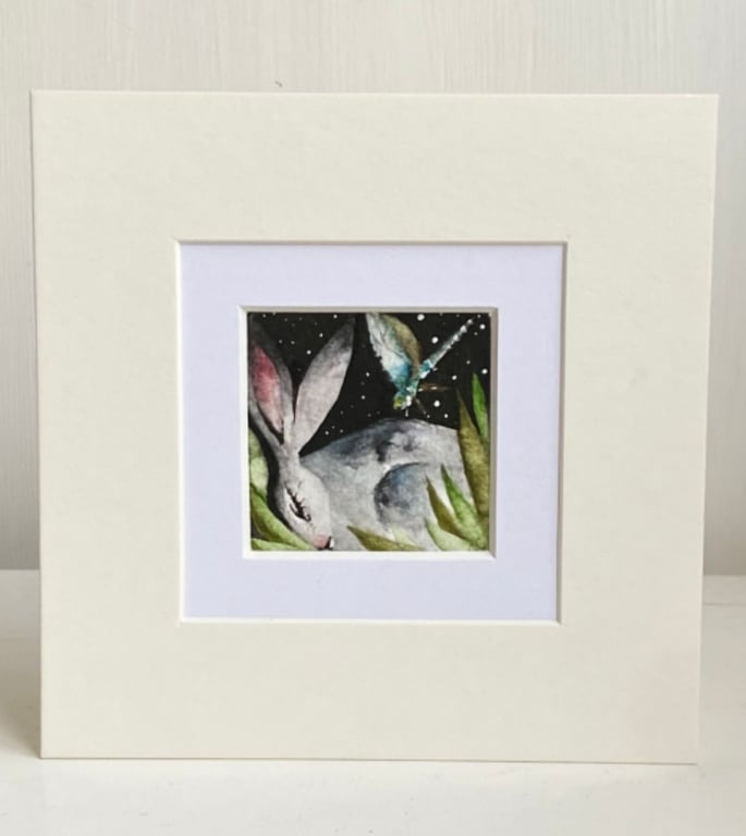 Mounted Original Hare Rabbit with Dragonflie Watercolour 