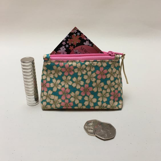 Turquoise and Pink Blossoms Japanese Fabric Coin Purse