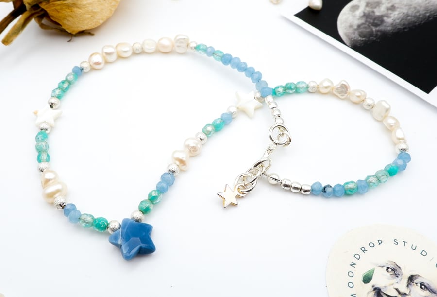 Celestial Freshwater Pearl Blue Opal Star Charm Gemstone Beaded Necklace 