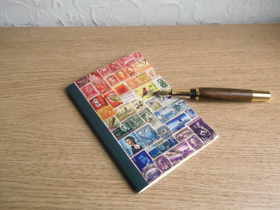 Rainbow Postage Stamp Art A6 Notebook - Plain Squared OR Dot pages