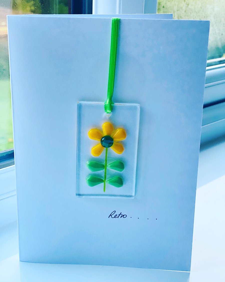Fused glass “retro” keepsake card- hanging glass decoration