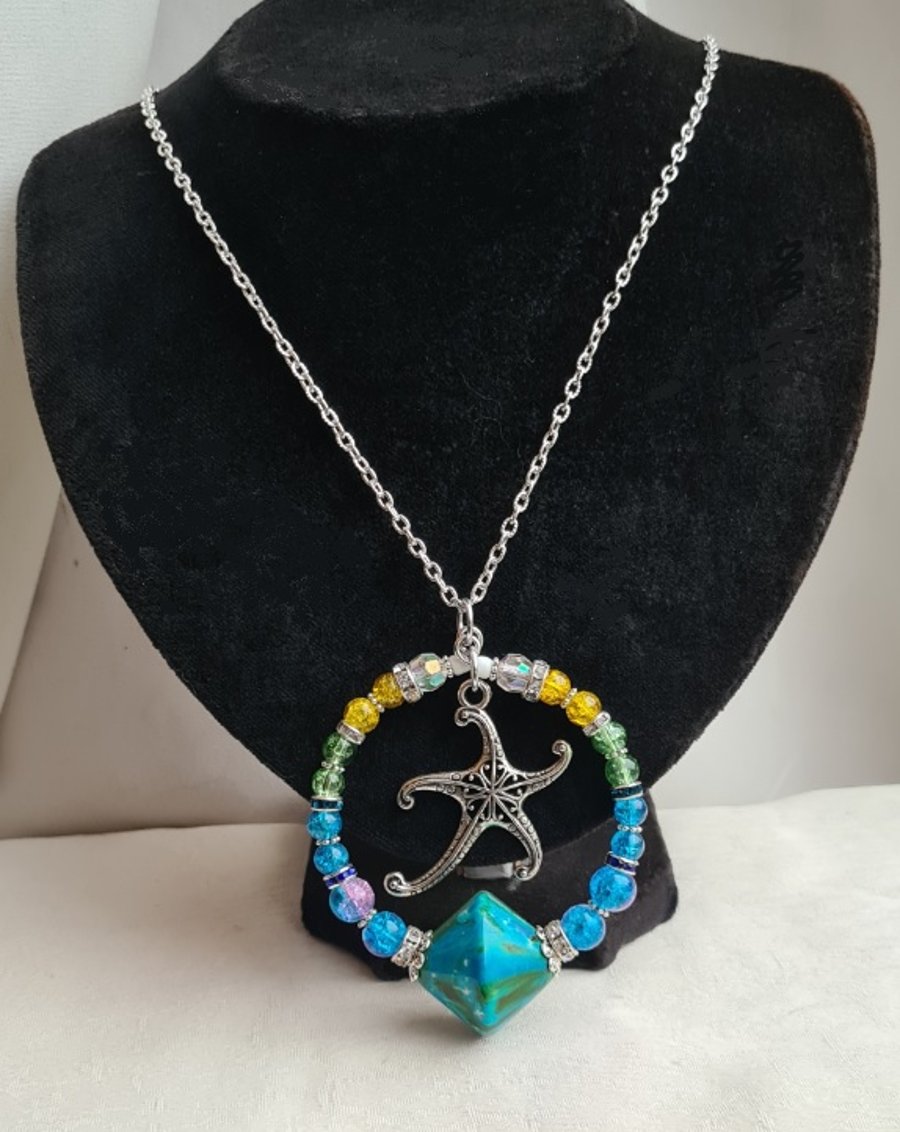 Beachy Tones Large Starfish Pendant Necklace - Silver Tones